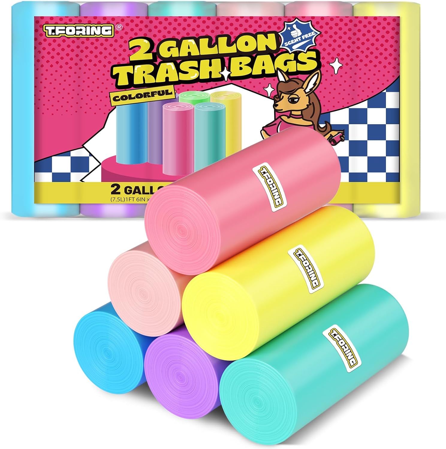 Mini bolsas de basura de 2 galones  150 bolsas de basura pequeñas sin perfume, forros de basura de plástico de colores de 7.5 litros, forros gruesos
