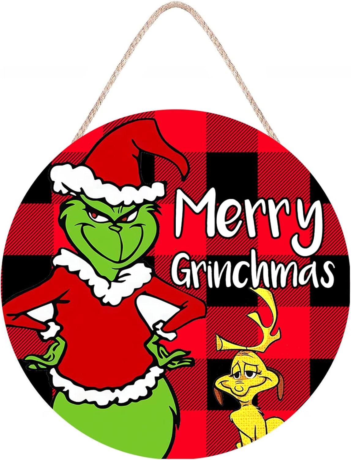 Corona de Navidad, corona de Feliz Grinchmas para puerta delantera, decoraciones de Navidad, letreros de puerta de madera, decoración del hogar para