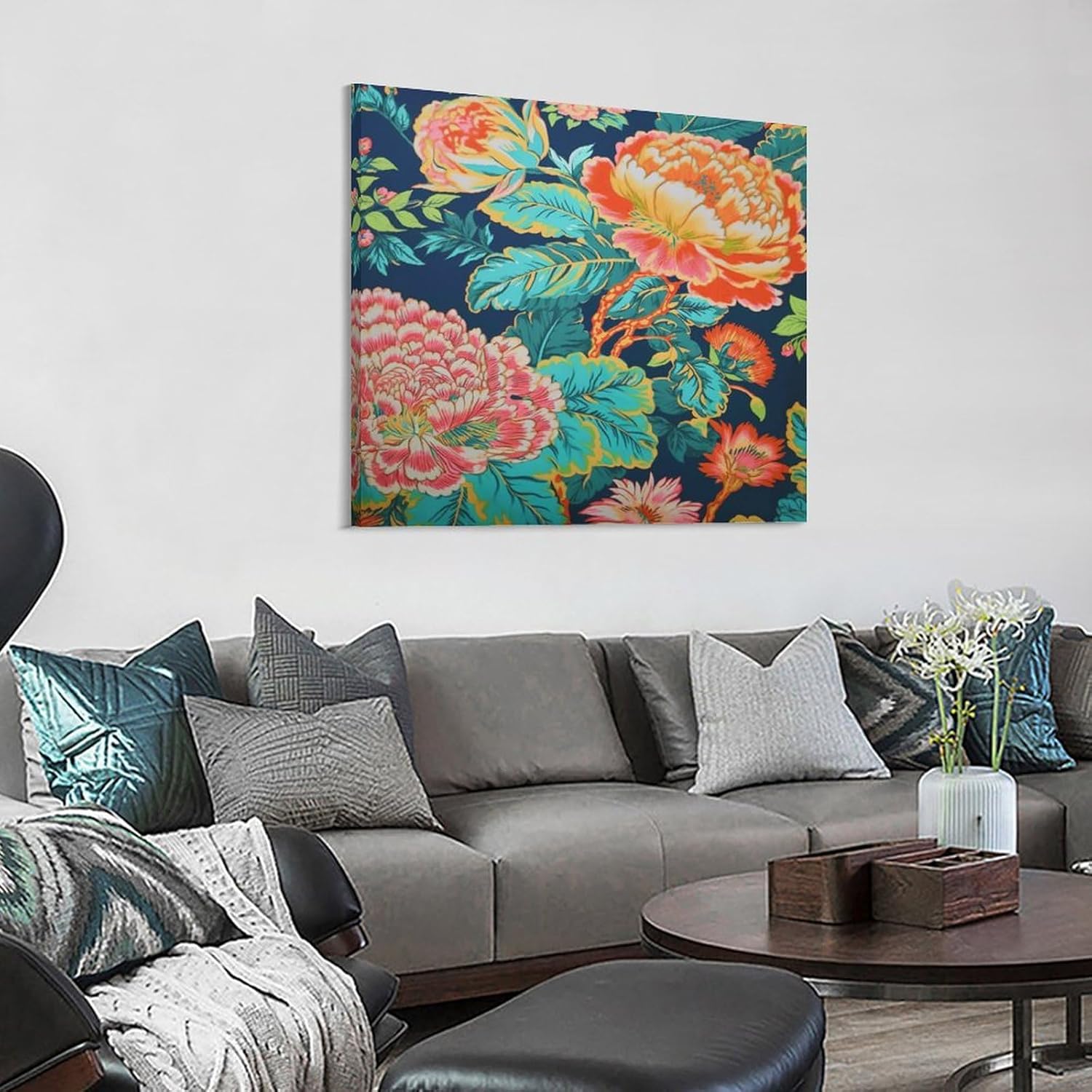 Lienzo de peonía chinoiserie azul marino, rosa y rojo, arte de pared con diseño floral de peonía asiática, pinturas de pared modernas para