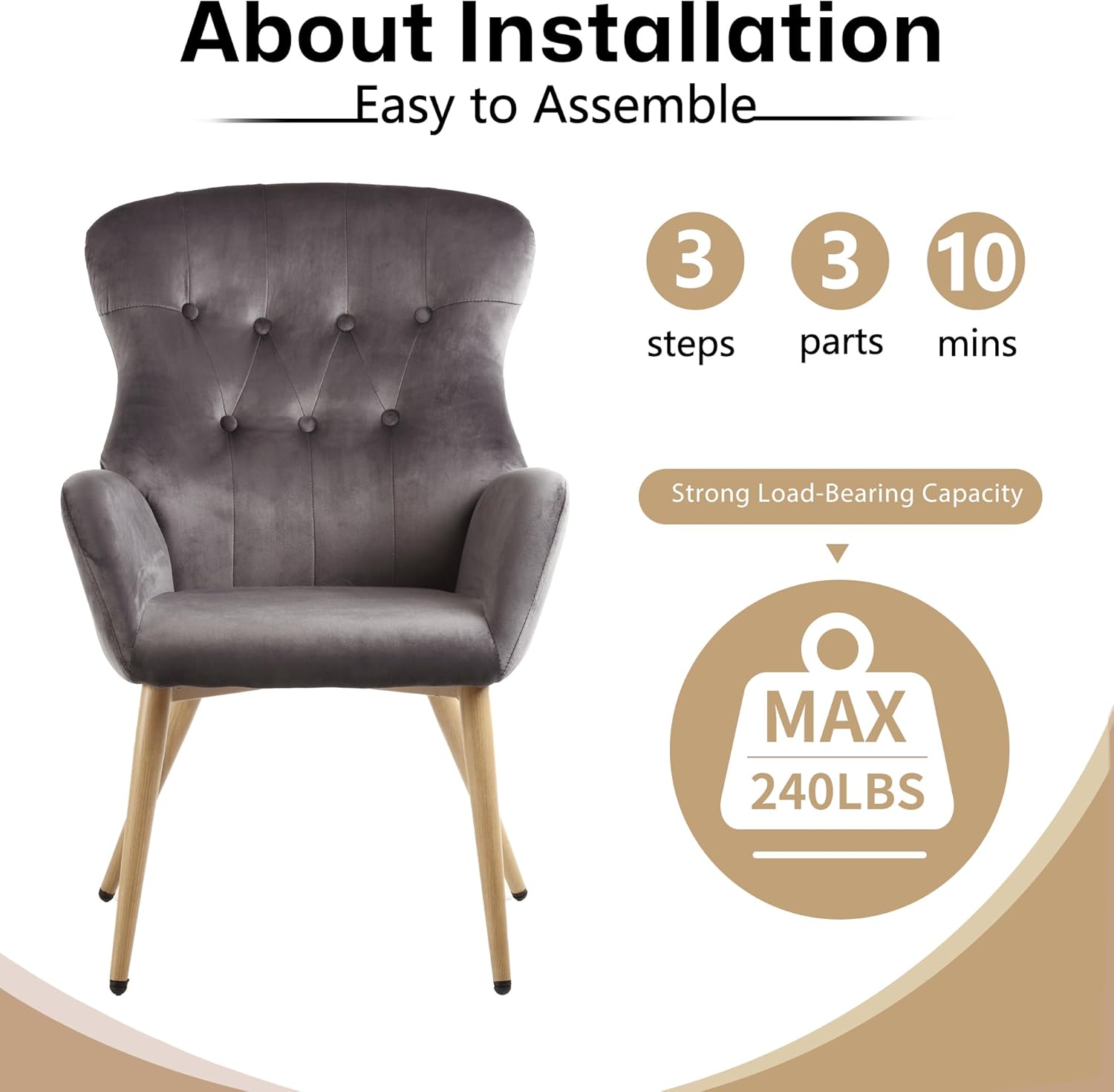Silla decorativa de terciopelo, silla de lectura copetuda con botones con respaldo de ala alta grande, cómoda silla de tocador tapizada con patas de