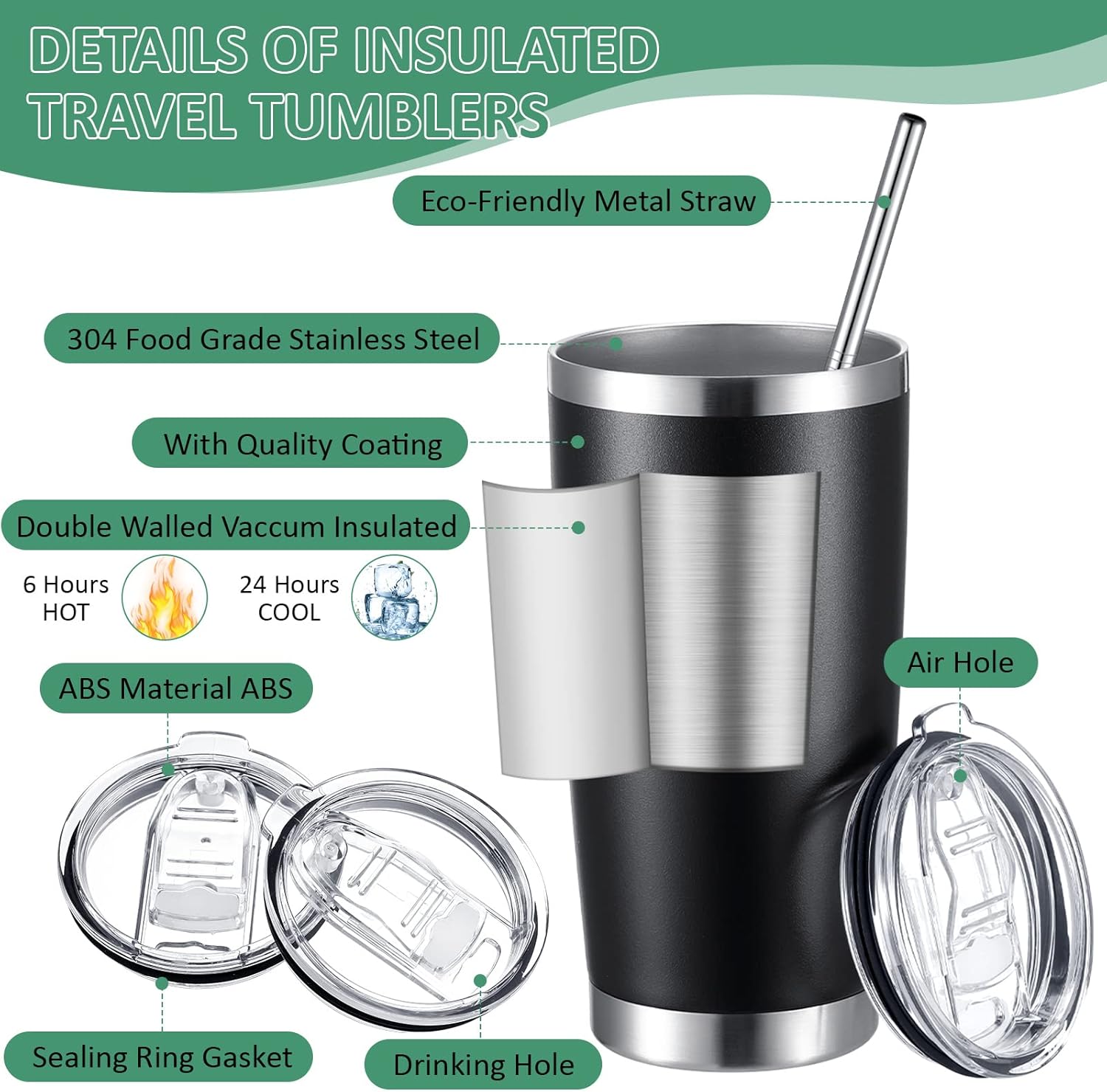 SEEWEY Paquete de 24 vasos de viaje aislados de 20 onzas, vaso de viaje al vacío de doble pared con tapa y pajita, tazas de café de doble pared de