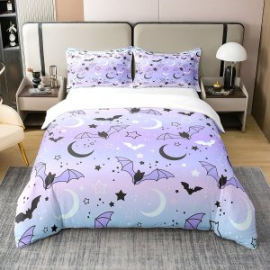 Helloween – Juego de ropa de cama de 100 % algodón natural, diseño de murciélagos y estrellas de galaxia, luna y neón para niños y niñas, decoración Helloween – Juego de ropa de cama de 100 % algodón natural, diseño de murciélagos y estrellas de galaxia, luna y neón para niños y niñas, decoración
