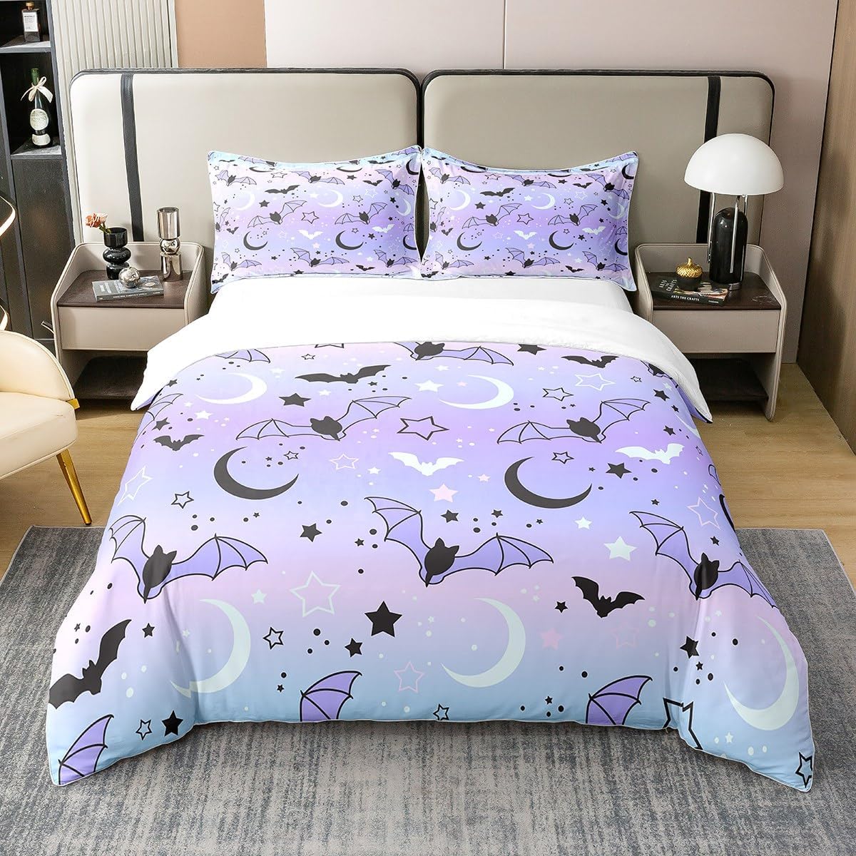 Helloween – Juego de ropa de cama de 100 % algodón natural, diseño de murciélagos y estrellas de galaxia, luna y neón para niños y niñas, decoración