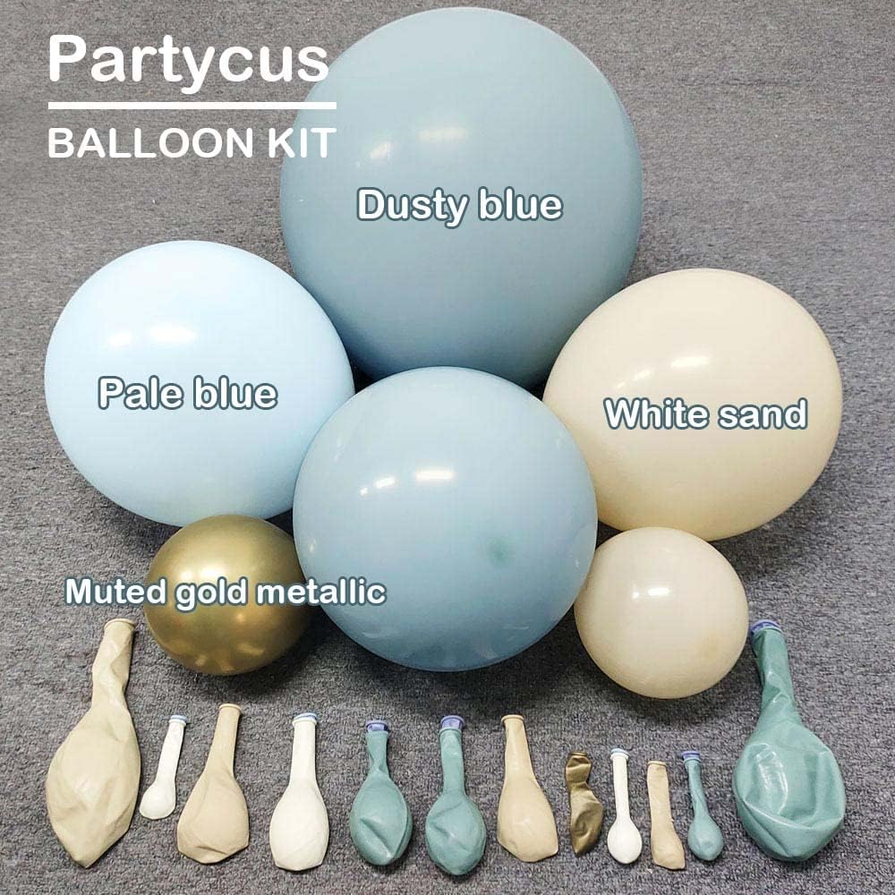 Guirnalda de globos de color azul polvoriento, globo azul claro pastel, kit de arco de globos de color blanco, arena, beige, crema, globos dorados