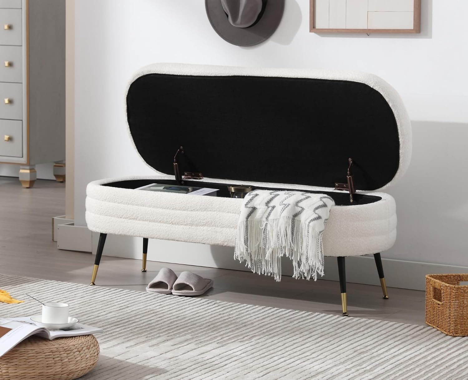 Shunzhi Banco de almacenamiento moderno para dormitorio, banco otomano tapizado de piel sintética, banco otomano con patas de metal para sala de