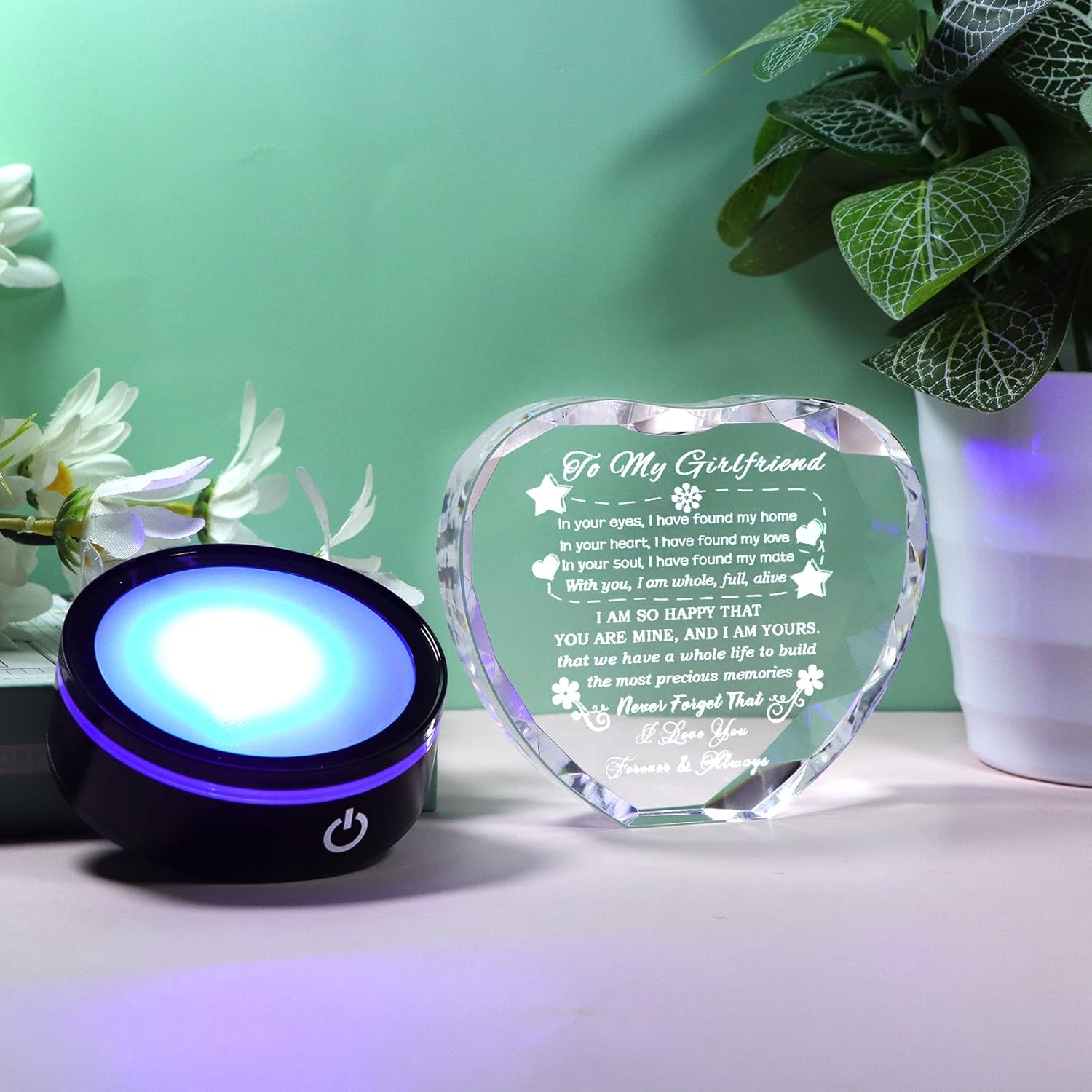 YWHL Regalos para novia, romántico para mi novia, recuerdo de corazón de cristal con base LED colorida para novia, regalos de cumpleaños,