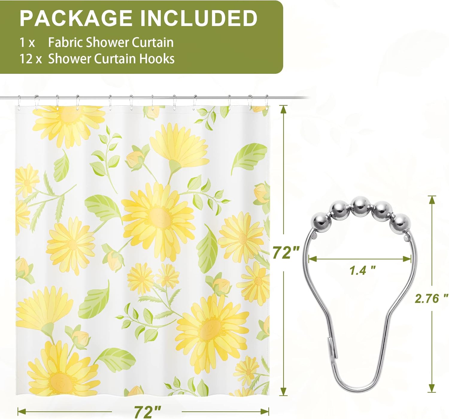AmazerBath – Juego de cortina de tela para ducha con 12 ganchos, cortina bohemia con diseño de gerbera amarilla, cortina lavable para ducha y baño,