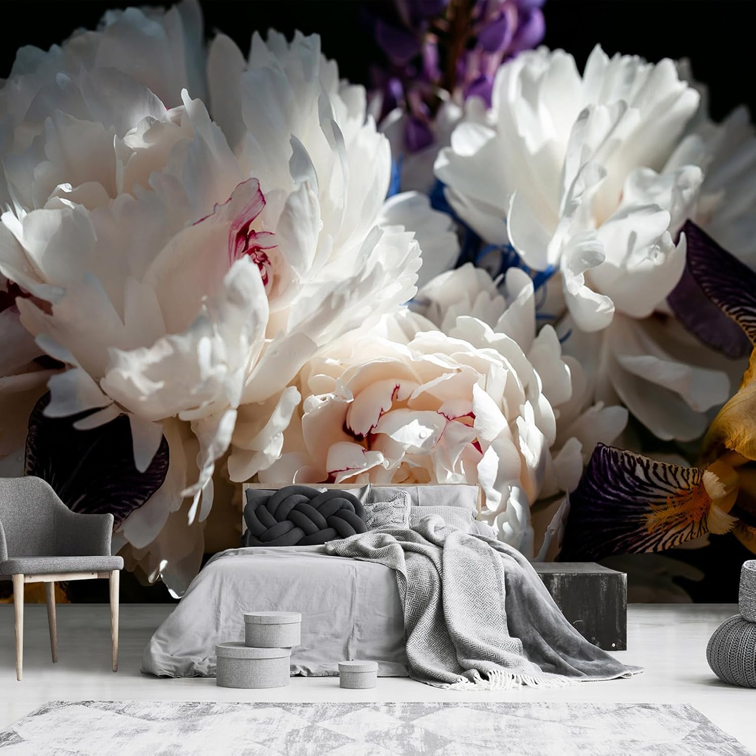 YQWDMX – Papel tapiz de flores de peonía blanca y fondo negro para decoración de pared de dormitorio (no se pega ni se pega)