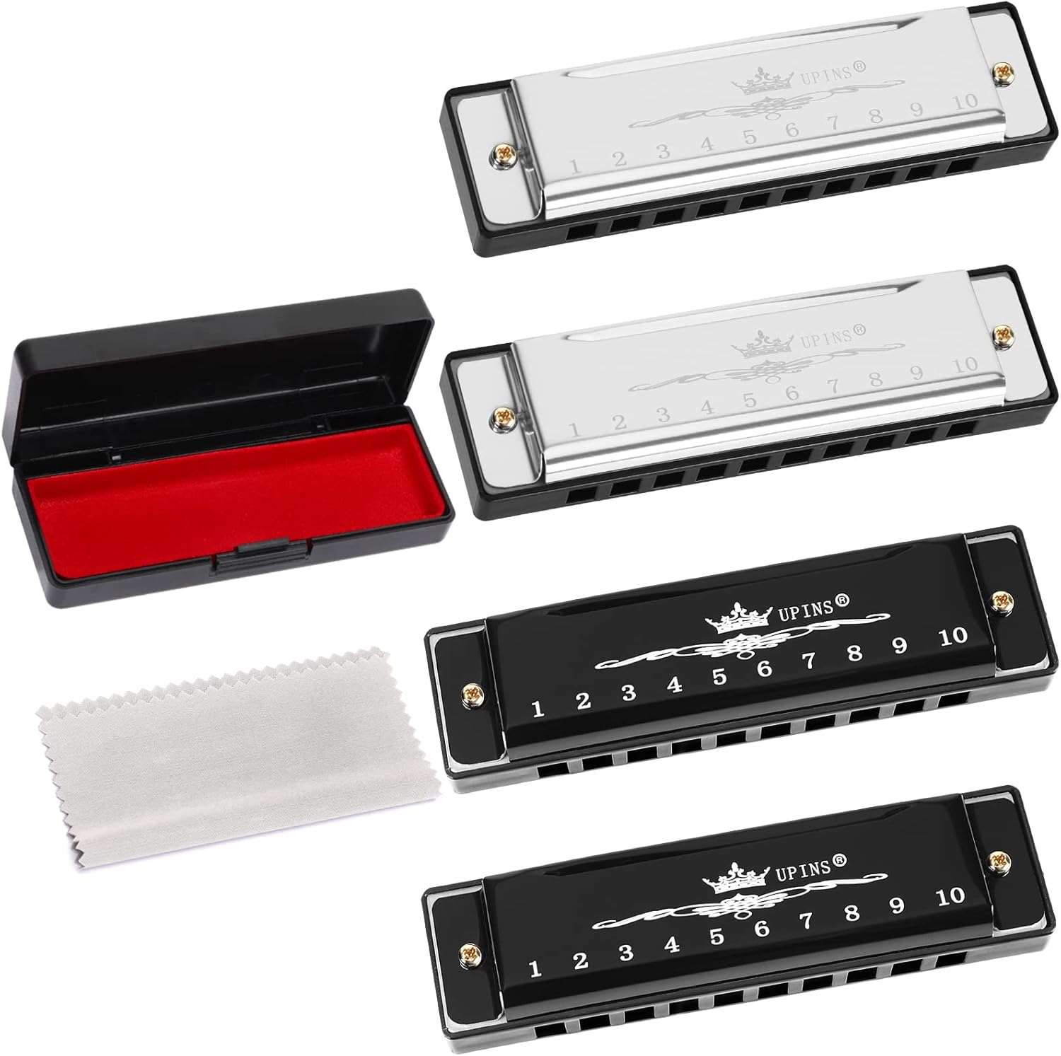 UPINS Harmonica, 4 piezas Key of C Blues 10 agujeros 20 tonos titanio color armónica con estuche paño de limpieza para principiantes (negro,