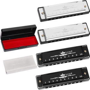 UPINS Harmonica, 4 piezas Key of C Blues 10 agujeros 20 tonos titanio color armónica con estuche paño de limpieza para principiantes (negro, UPINS Harmonica, 4 piezas Key of C Blues 10 agujeros 20 tonos titanio color armónica con estuche paño de limpieza para principiantes (negro,