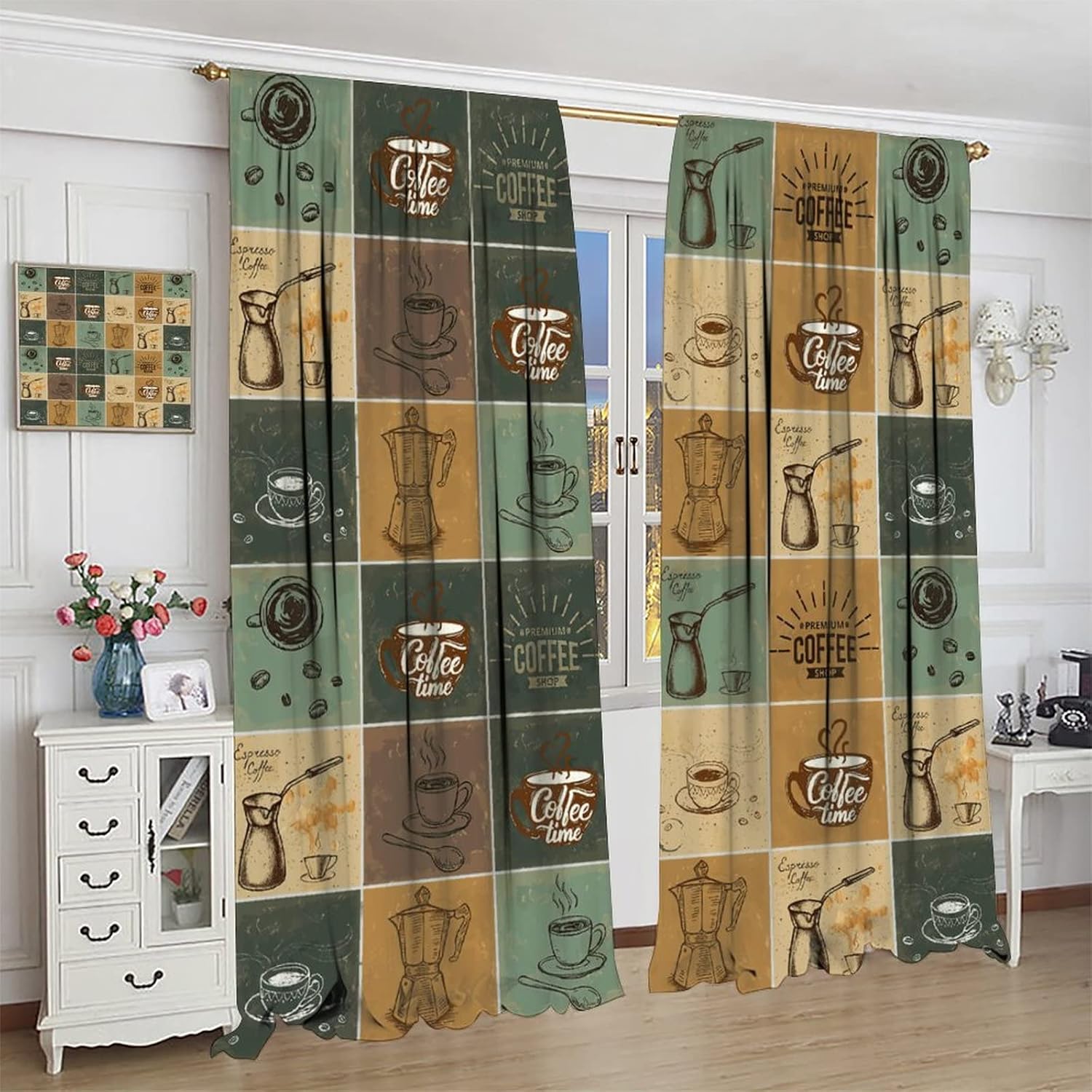 Cortinas de ventana de cocina de café, juego de cafetería y café, diseño vintage de café, oscurecimiento de habitación, cortina con bolsillo para
