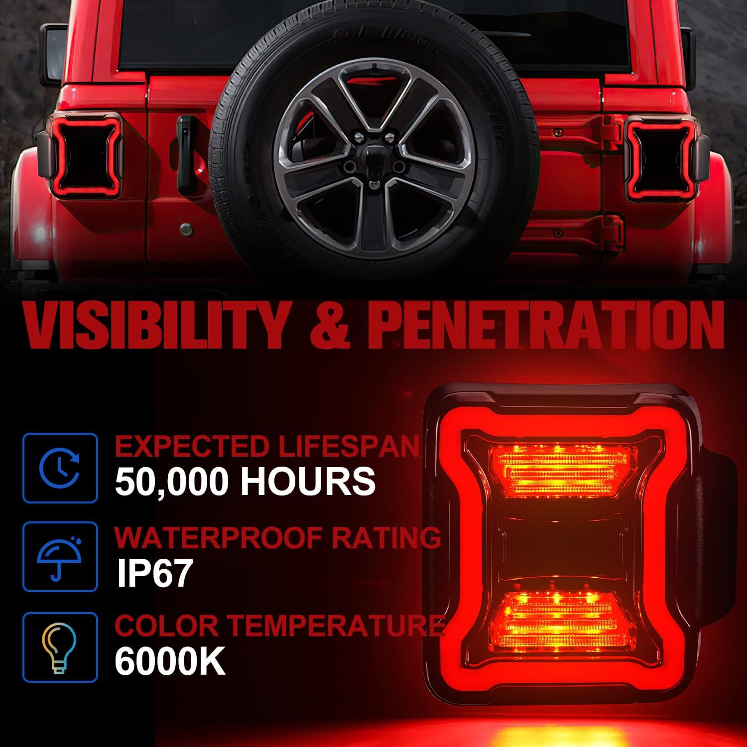 FIERYRED Luces traseras LED ahumadas compatibles con Jeep Wrangler JL 2018-2024, luces de marcha atrás