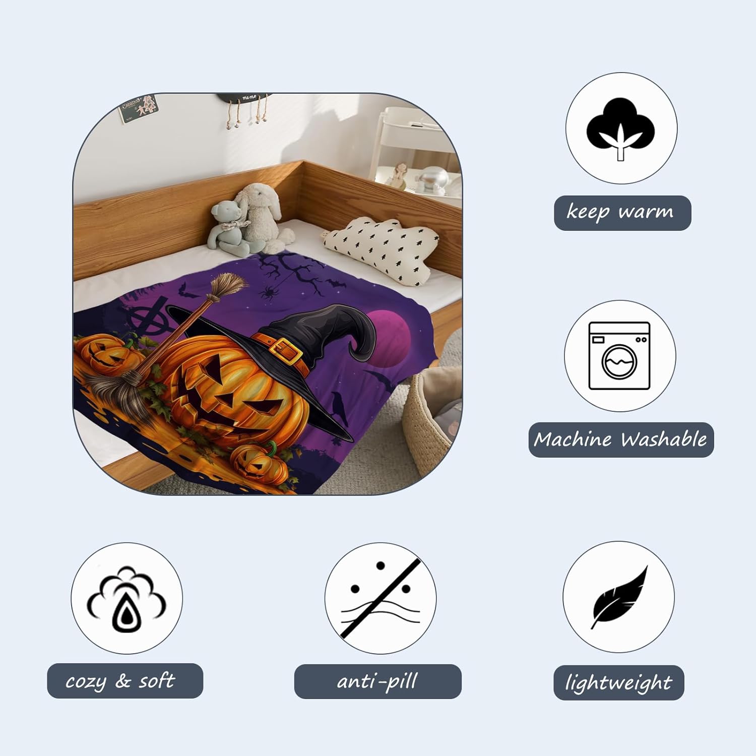 Neatee Living Manta de Halloween con diseño de calabazas moradas, manta de bruja para bebé, manta para mascotas, ligera, mullida, suave, manta de