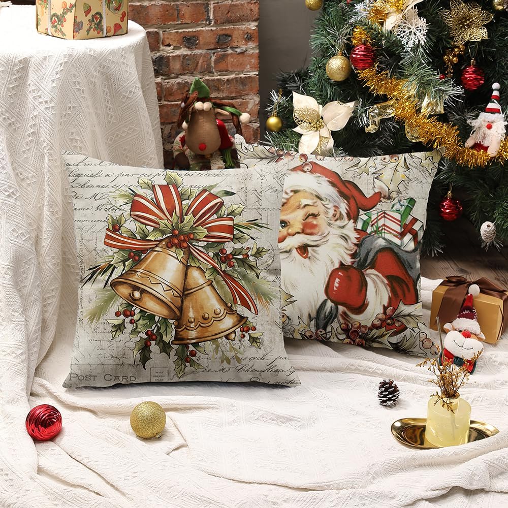 DFXSZ Juego de 4 fundas de almohada navideñas de 20 x 20 pulgadas, diseño de reno de Papá Noel, vintage, decoración retro de casa de campo para el