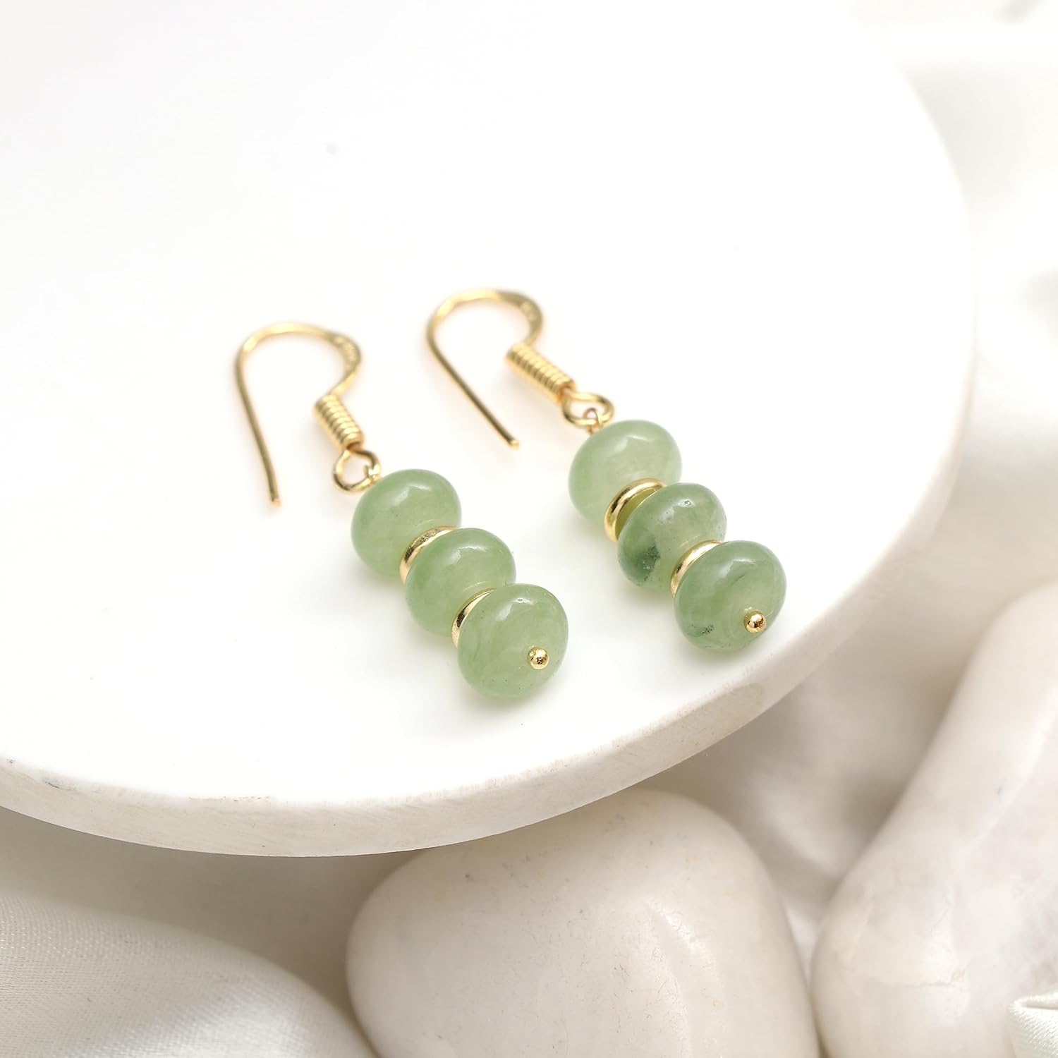 Gempires Mother’s Day Gift Prehnite Rondelle Beads Earrings, Dangling Earrings, Light Green Crystals,14k Gold Plated Hook Earrings, Handmade