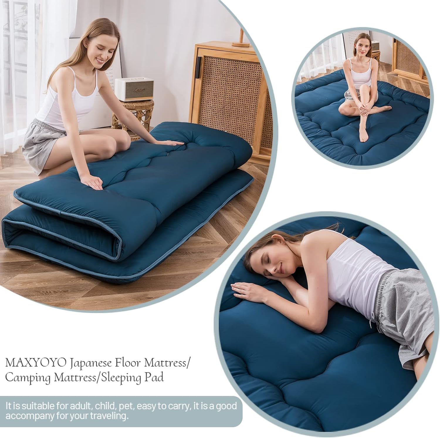 MAXYOYO Colchón japonés para el suelo, colchón de futón, almohadilla gruesa para dormir, colchón enrollable, tumbona para el suelo, colchón de