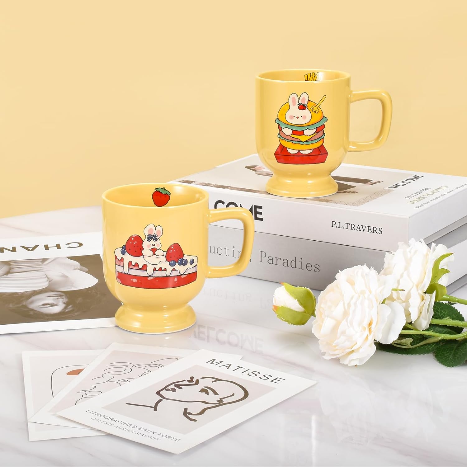 Taza de café de cerámica, tazas y tazas creativas con patrón de conejo y pastel, forma única de taza de 10 onzas para café con leche, capuchino,
