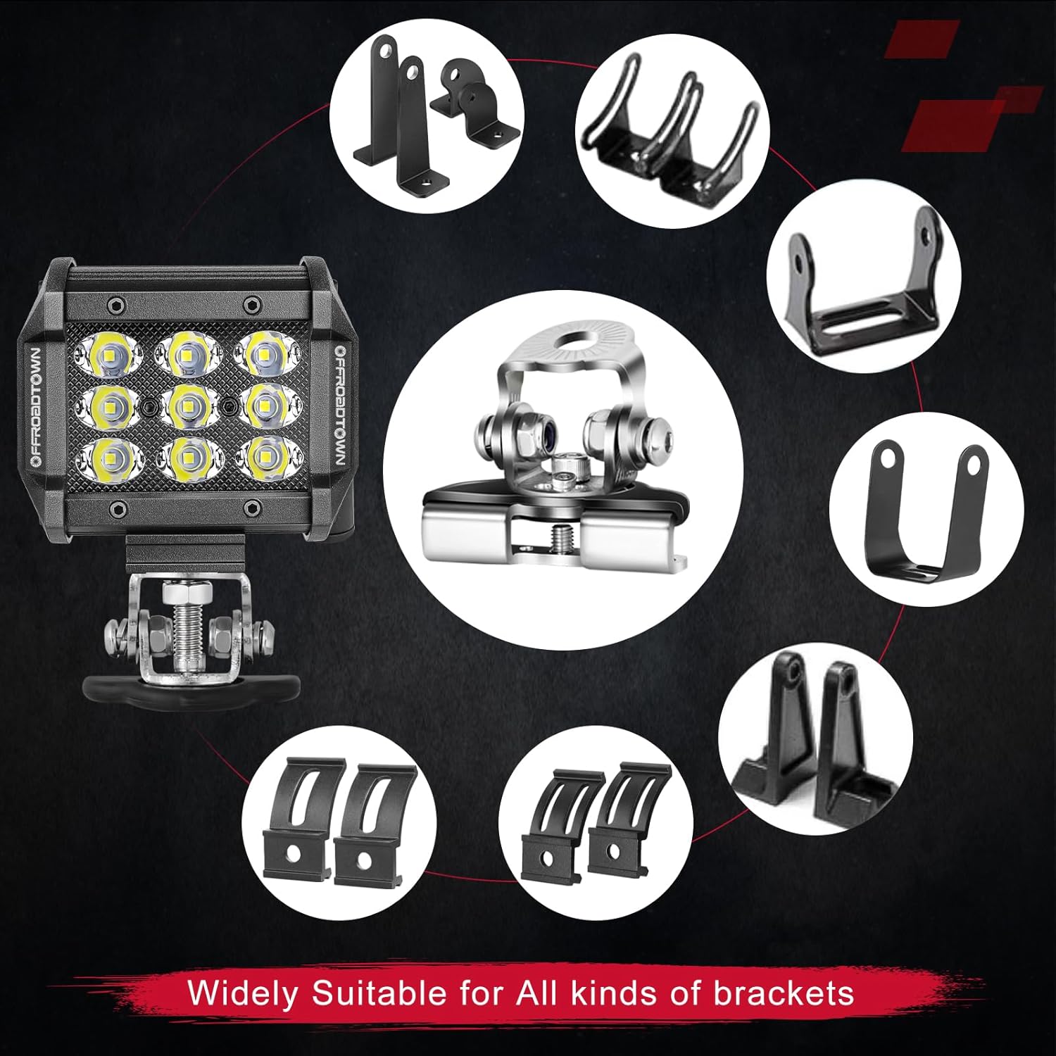 OFFROADTOWN – Soportes de montaje para barra de luz LED, 2 unidades, soporte universal para capó LED, soporte de luz de trabajo, sin taladrar,