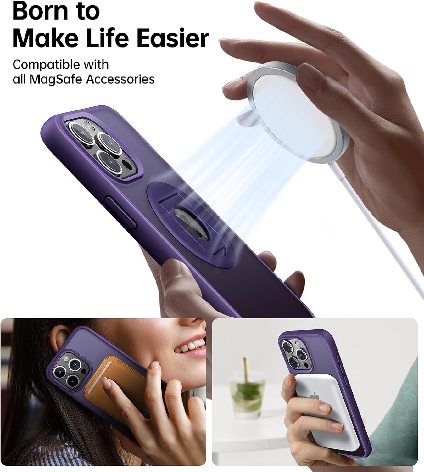 Meifigno MagicRing Series – Funda diseñada para iPhone 15 Pro, soporte y soporte de anillo giratorio de 360, compatible con MagSafe, protección de
