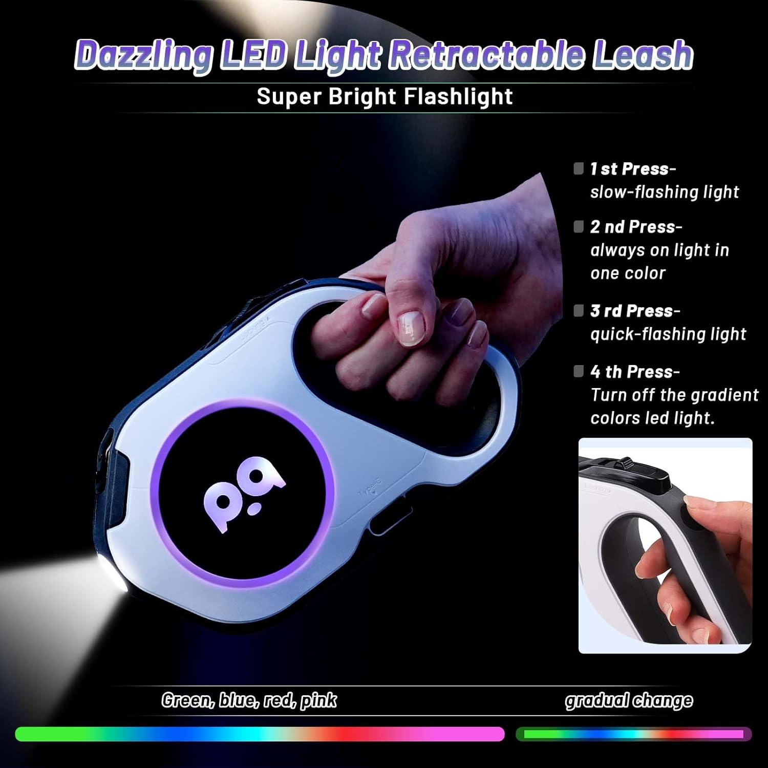 QQPETS Correa retráctil para perro con luz LED recargable, cinta de nailon resistente de 16 pies para paseos nocturnos de hasta 88 libras de
