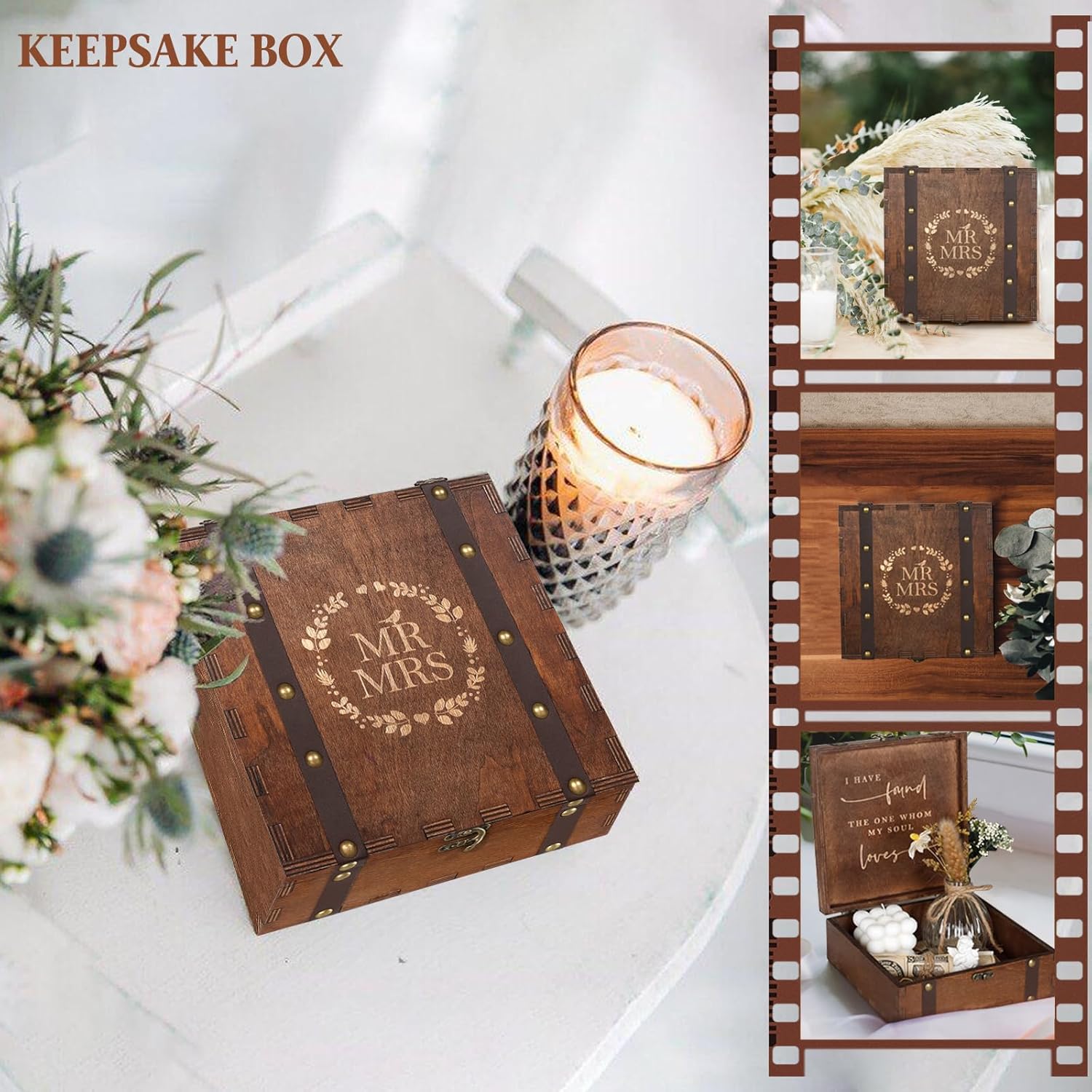 Caja decorativa pequeña con tapa, caja de madera para recuerdos, paquete de 2 cajas de recuerdos de boda para almacenamiento, aniversario, regalos