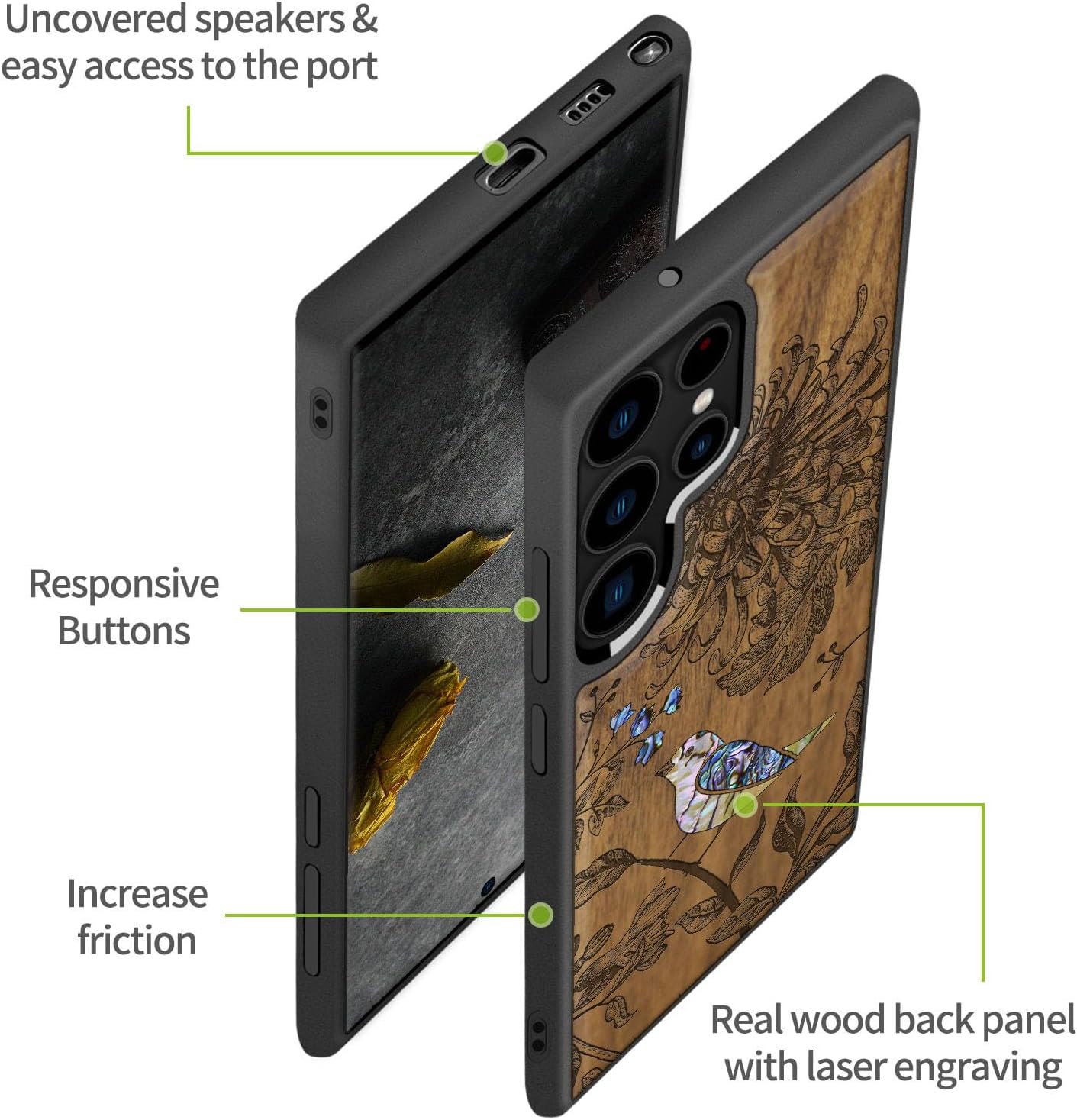Carveit Funda de madera de diseñador para Samsung Galaxy S22 Ultra (grabado de madera e incrustaciones de carcasa) compatible con cargadores