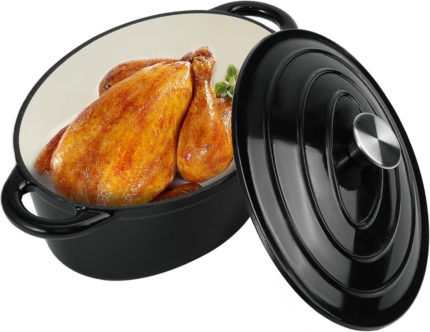 Olla de horno holandés ovalada esmaltada de 4.5 cuartos de galón con tapa y asas dobles, horno holandés de hierro fundido para cocinar, hornear pan,