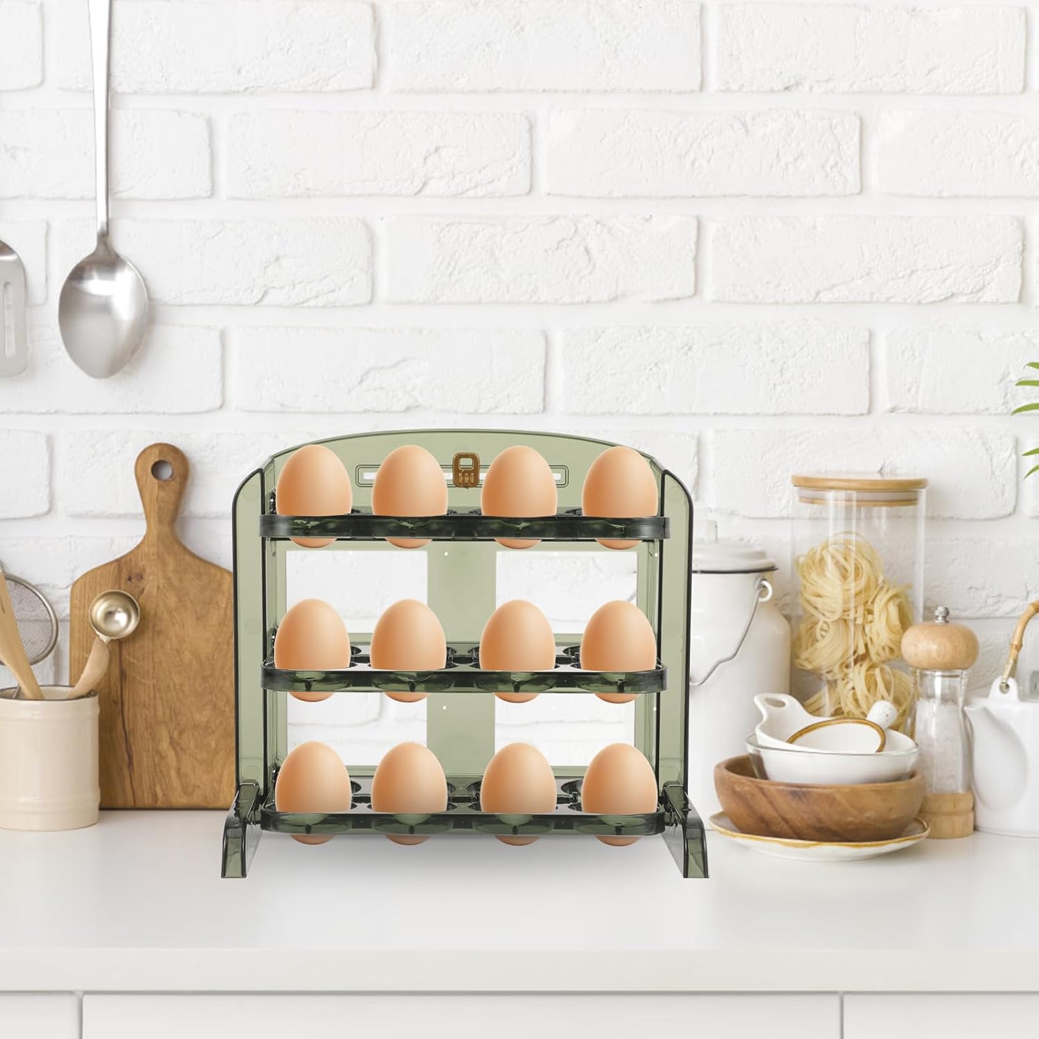 BESPORTBLE Soporte para huevos de 30 rejillas para refrigerador, contenedor de almacenamiento de huevos abatible de 3 capas para puerta de