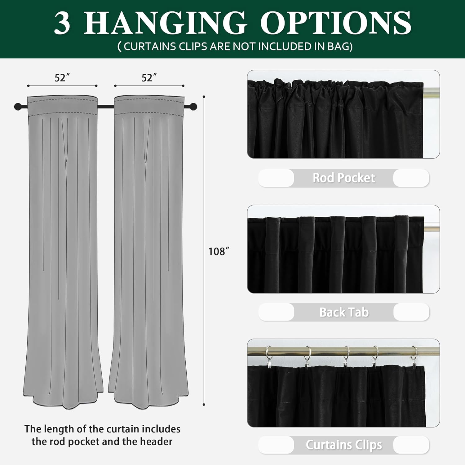2 paneles de cortinas opacas de terciopelo de 108 pulgadas de largo, 9 pies de largo, con pestaña trasera, bolsillo para barra, súper suaves, de