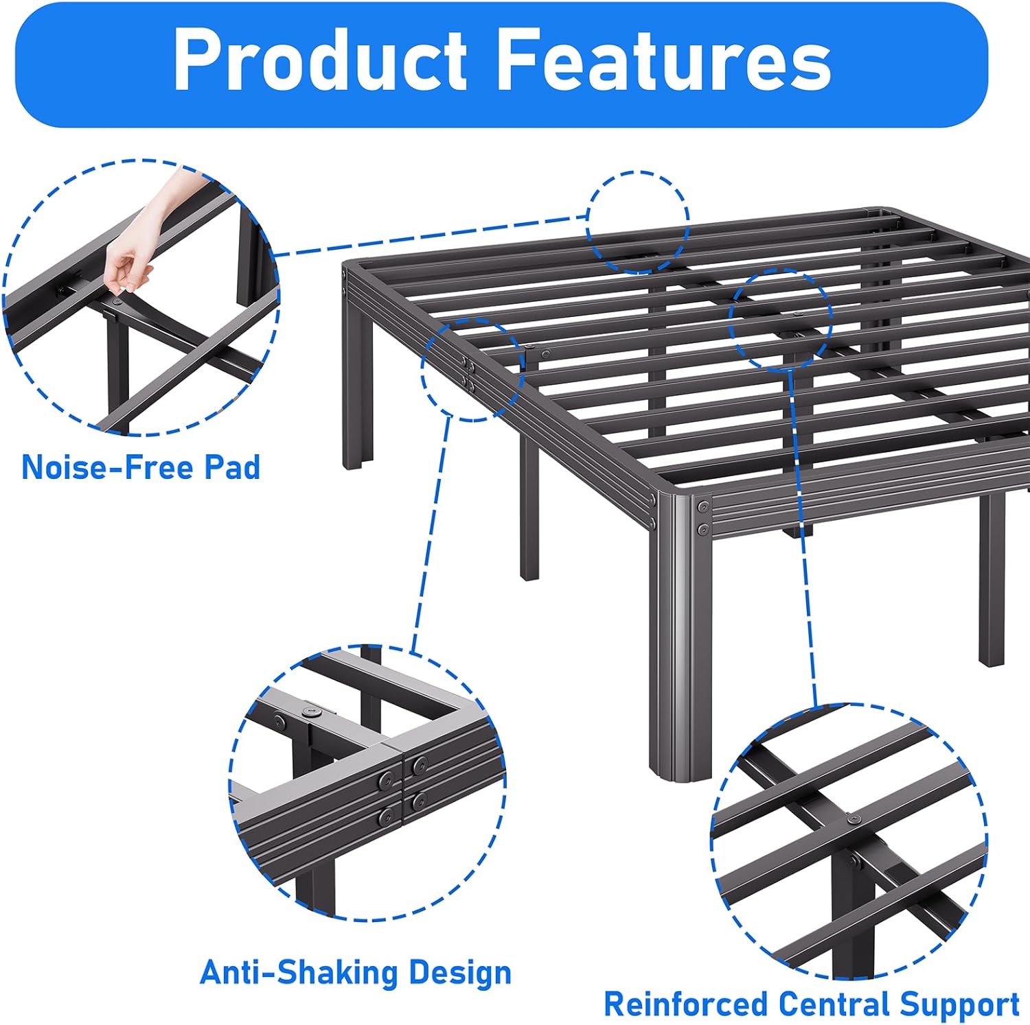 COMASACH 14 inch King Bed-Frame with Round-Corner and Cylinder Shaped Leg, No Box-Spring Needed, 3500 lbs Heavy Duty Non Slip Metal Platform Bed - Imagen 5