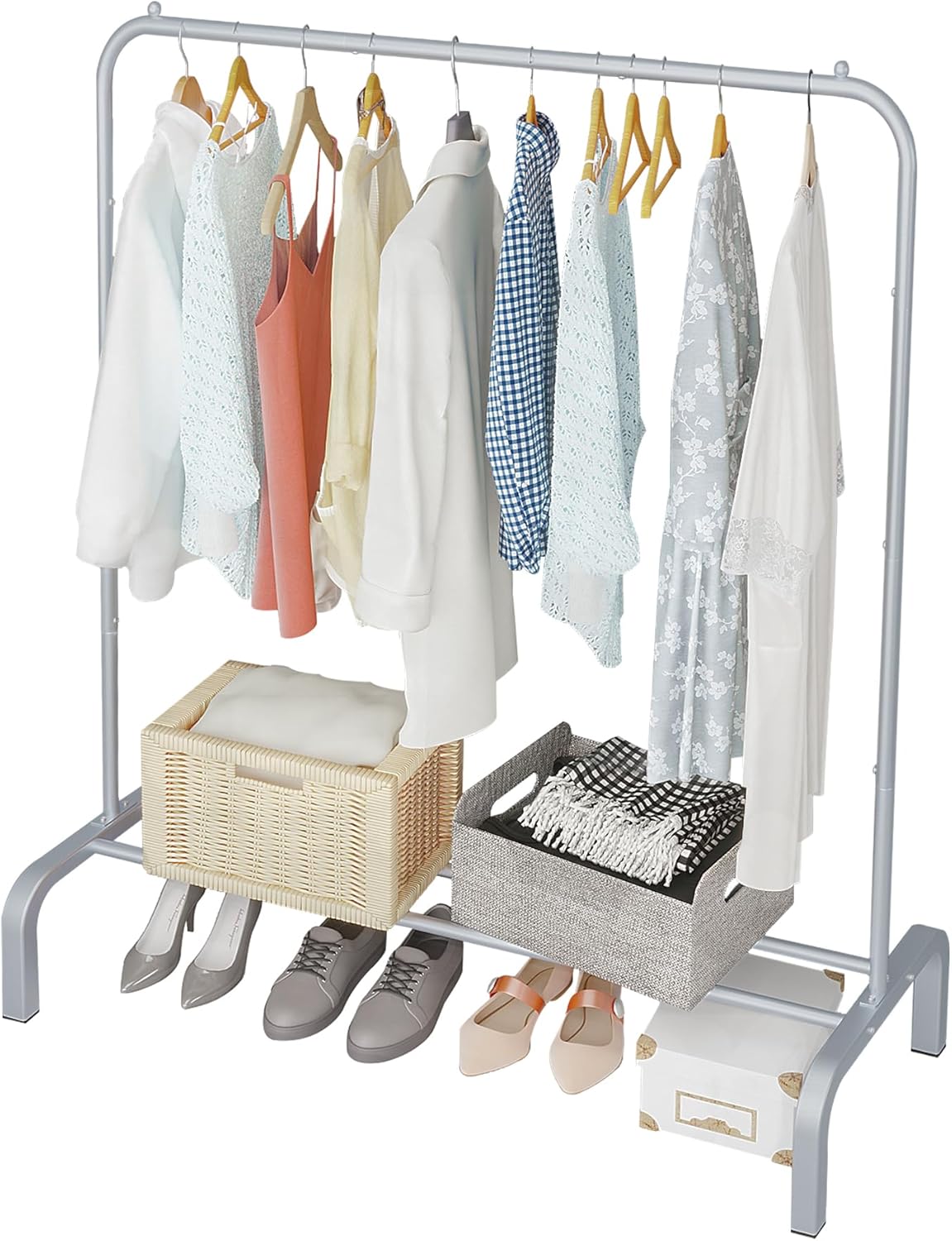 JIUYOTREE Perchero de metal para ropa de 43.3 pulgadas con estante inferior, perchero para colgar ropa, abrigos, faldas, camisas, suéteres, gris