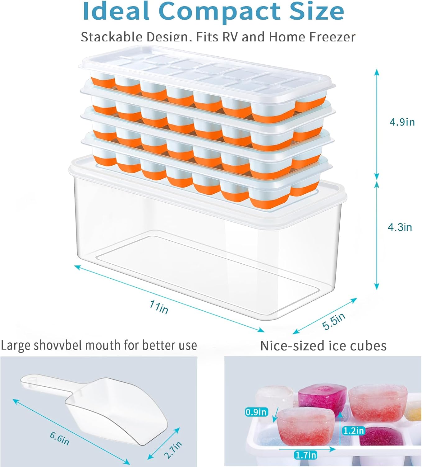ARTLEO Bandejas para cubitos de hielo con tapa y contenedor, bandejas para cubitos de hielo de silicona y plástico de fácil liberación y contenedor