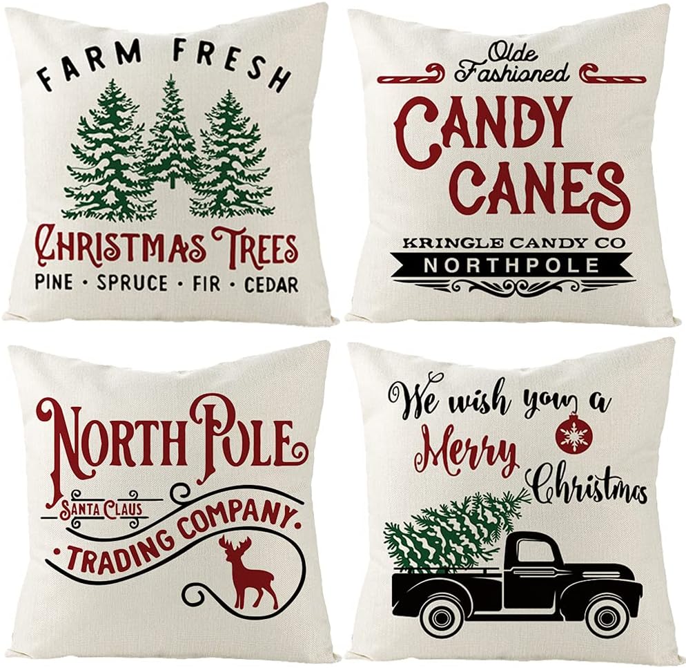 UBING 4 fundas de almohada navideñas de 18 x 18 pulgadas, fundas de almohada decorativas para sofá, banco, sala de estar, patio, decoración navideña