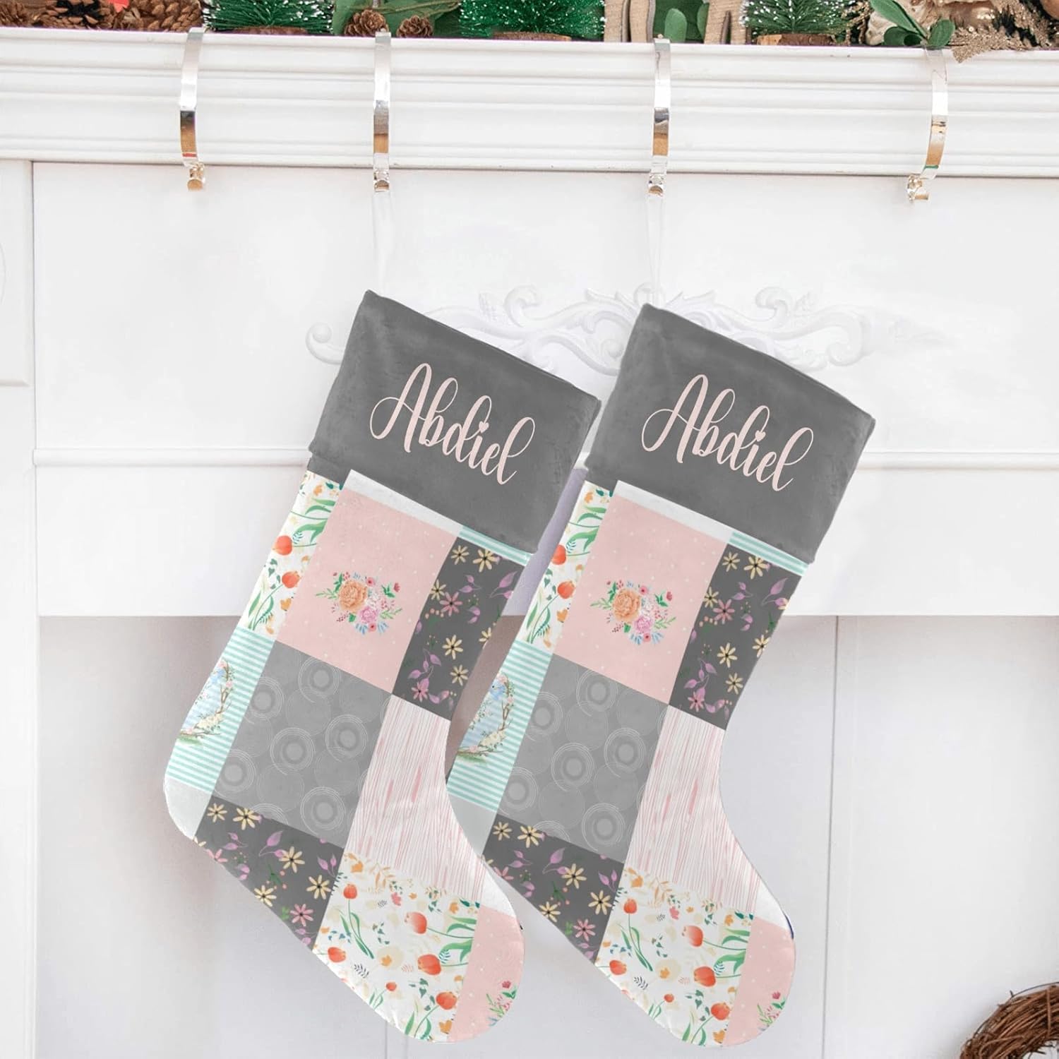 SunFancy Calcetines de Navidad personalizados, diseño de elefante, flores y zorros, calcetines de Navidad personalizados para niños y niñas,