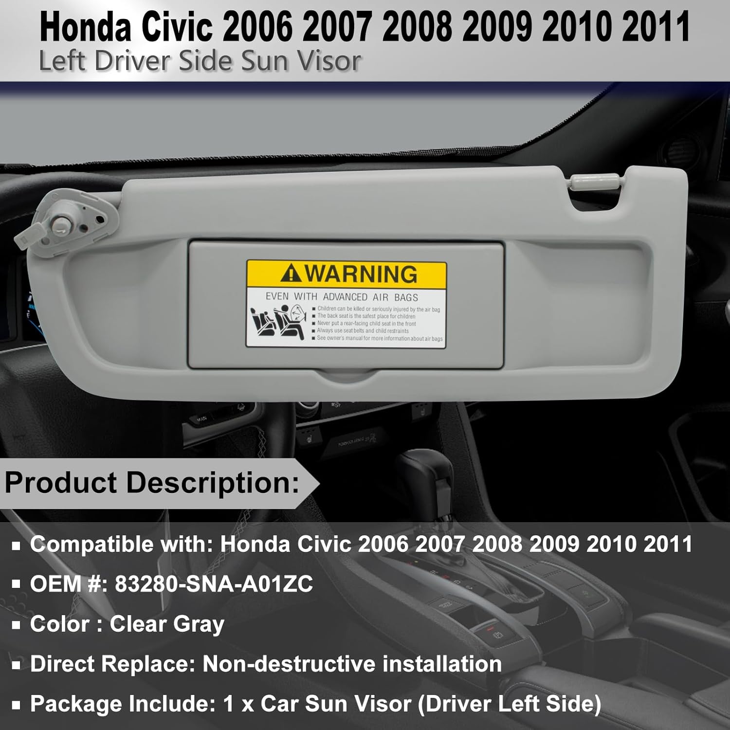 Reemplazo del parasol del lado izquierdo del conductor compatible con Honda Civic 2006, 2007, 2008, 2009, 2010, 2011, repuesto # 83280-SNA-A01ZC,