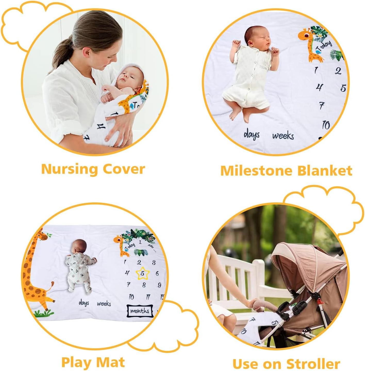 Manta de hitos para recién nacidos, manta de jirafas de 60 x 40 pulgadas, para regalos de baby shower, calendario de primer año, tabla de crecimiento