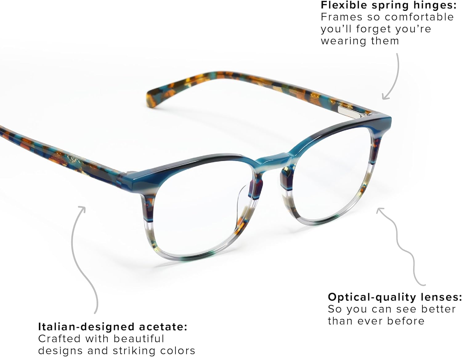eyebobs – Sala de juntas  Gafas de lectura prémium para hombres y mujeres  Marco cuadrado para caras promedio  Disponible en 0.0x – 4.0x