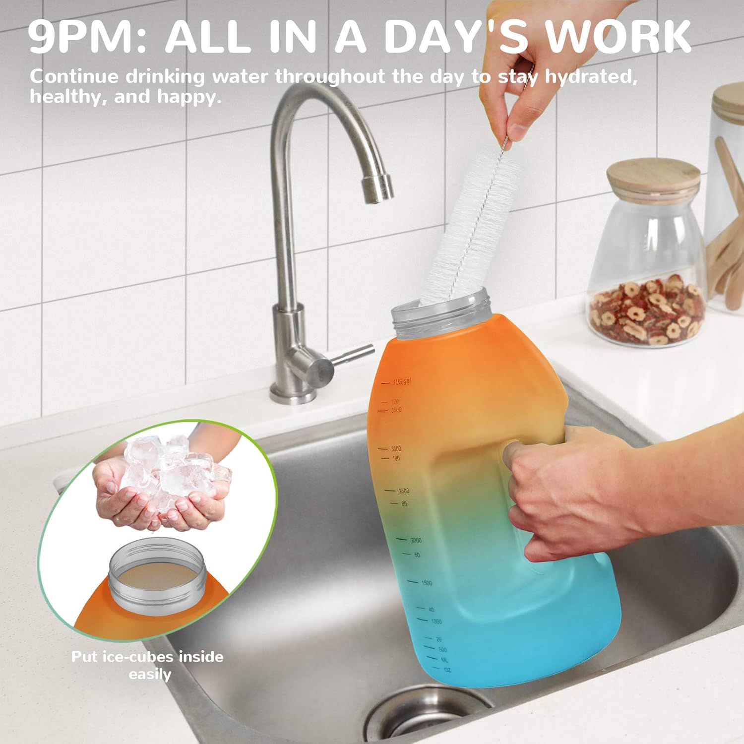 Diller Botella de agua de 1 galón, botella de agua grande para beber, jarra de agua motivacional de 128 onzas con asa para entrenamiento de