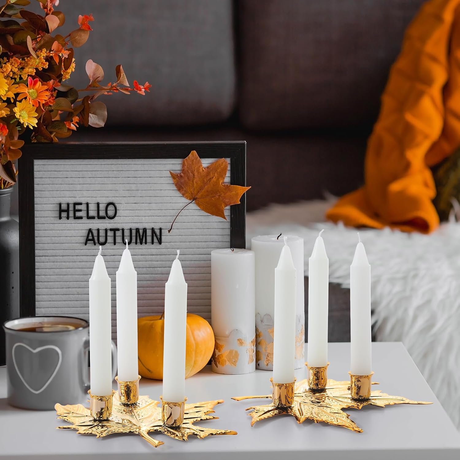 Juego de 2 portavelas de otoño de Acción de Gracias, centro de mesa de arce, decoración de mesa de otoño, centro de mesa de cosecha de otoño con 6