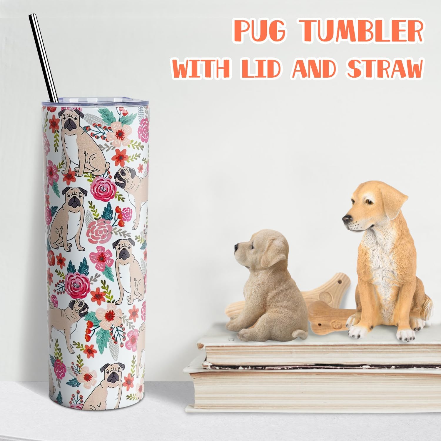 Vaso de viaje aislado de acero inoxidable de 20 onzas, diseño de pug con tapa y popote