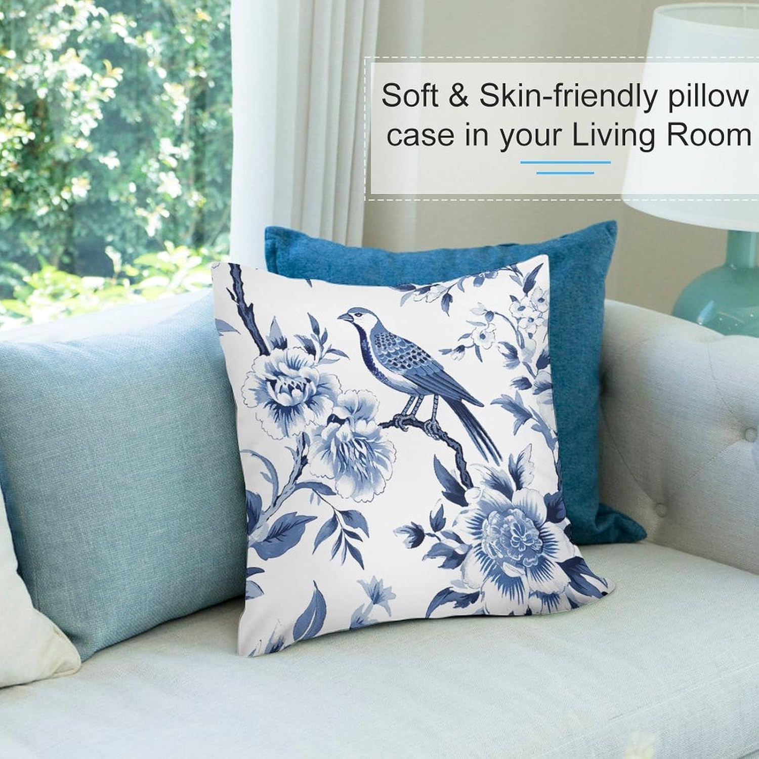 Funda de almohada floral de pájaro de terciopelo azul índigo, fundas de cojín chinoiserie, fundas de almohada de granja para decoración del hogar