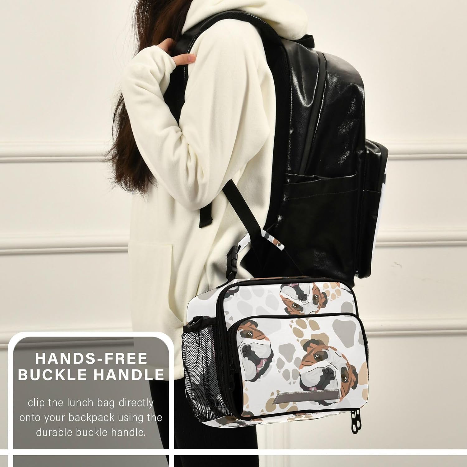 Bolsa de almuerzo para mujeres, con diseño de patas de perro, con aislamiento, bolsa de bulldog inglés con correa ajustable para el hombro, para