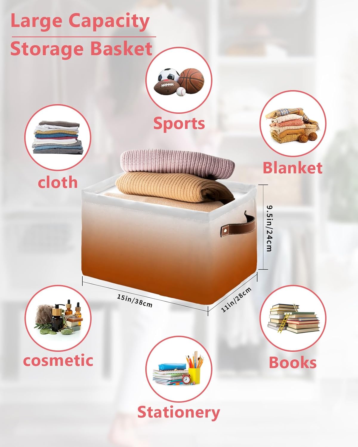 Thanksgiving Storage Basket for Organizing Shelves, Collapsible Storage Bins Boxes with Handle, Fall Orange Ombre Modern Abstract Art Aesthetics