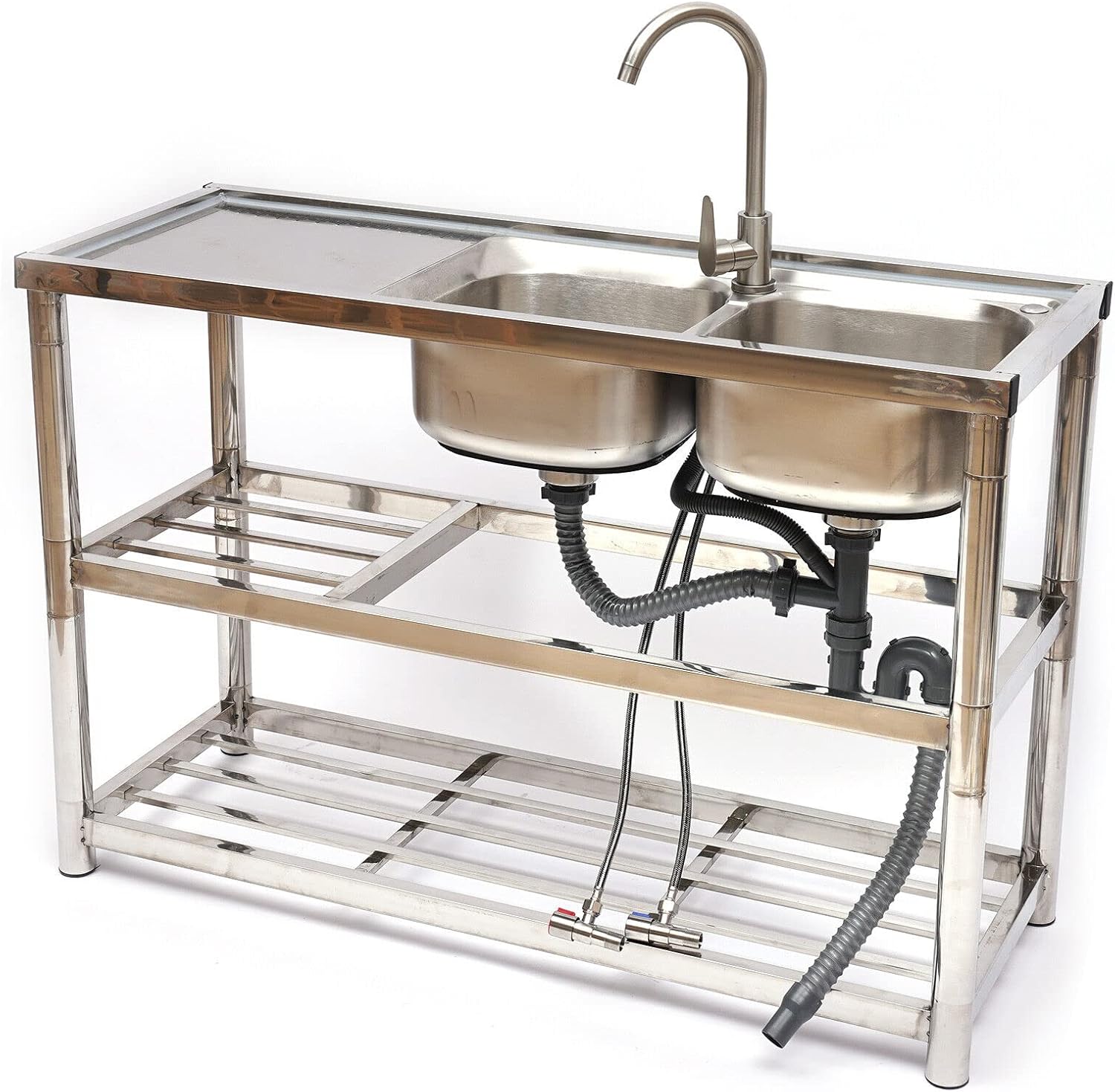 Fregadero de cocina comercial, fregadero de acero inoxidable de 2 compartimentos, fregadero de restaurante independiente, mesa de preparación de