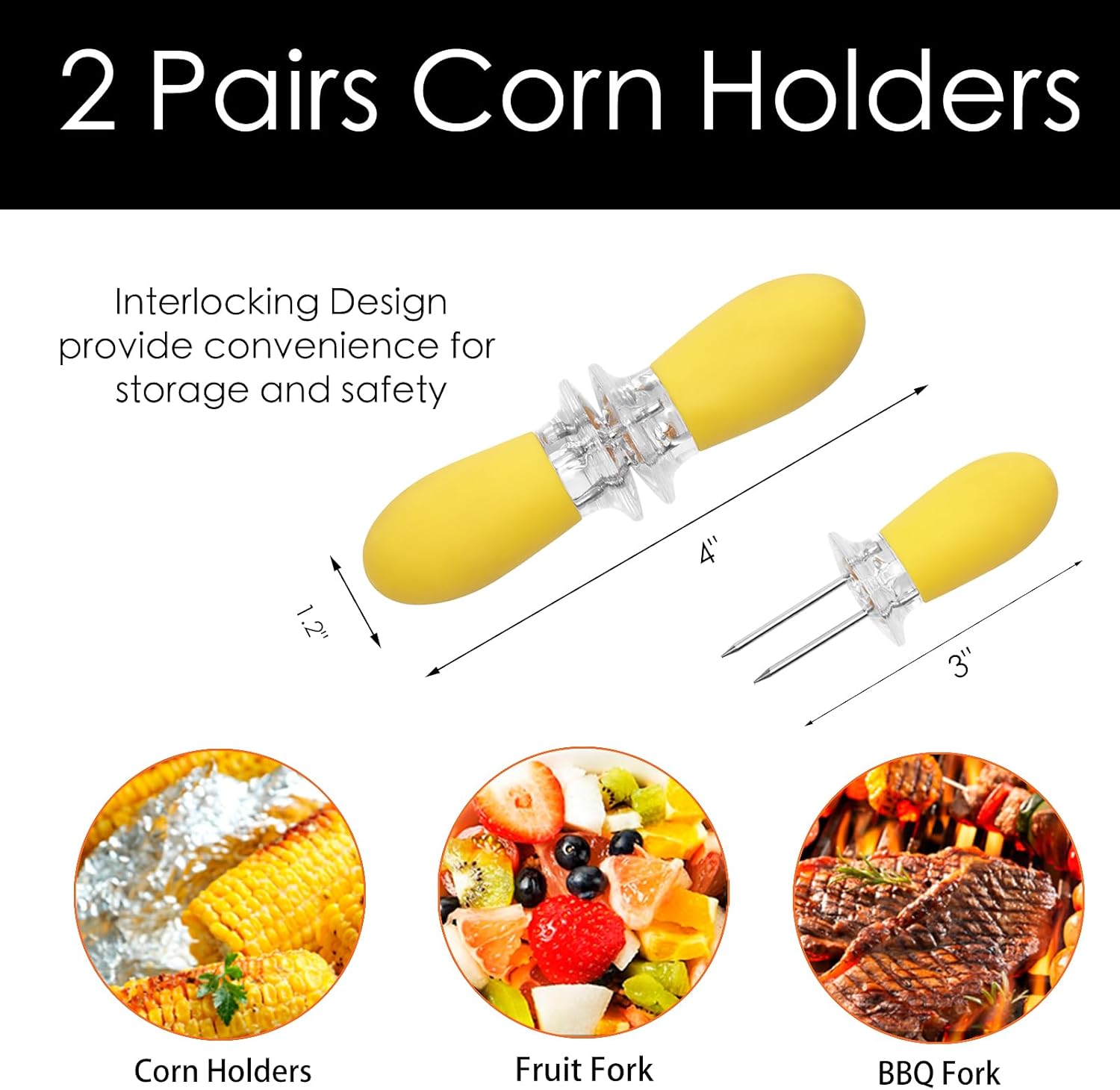 Cesta grande para asar Kabob, juego de 4 piezas y soporte de maíz, 2 pares, accesorio para barbacoa al aire libre, mango desmontable de madera,