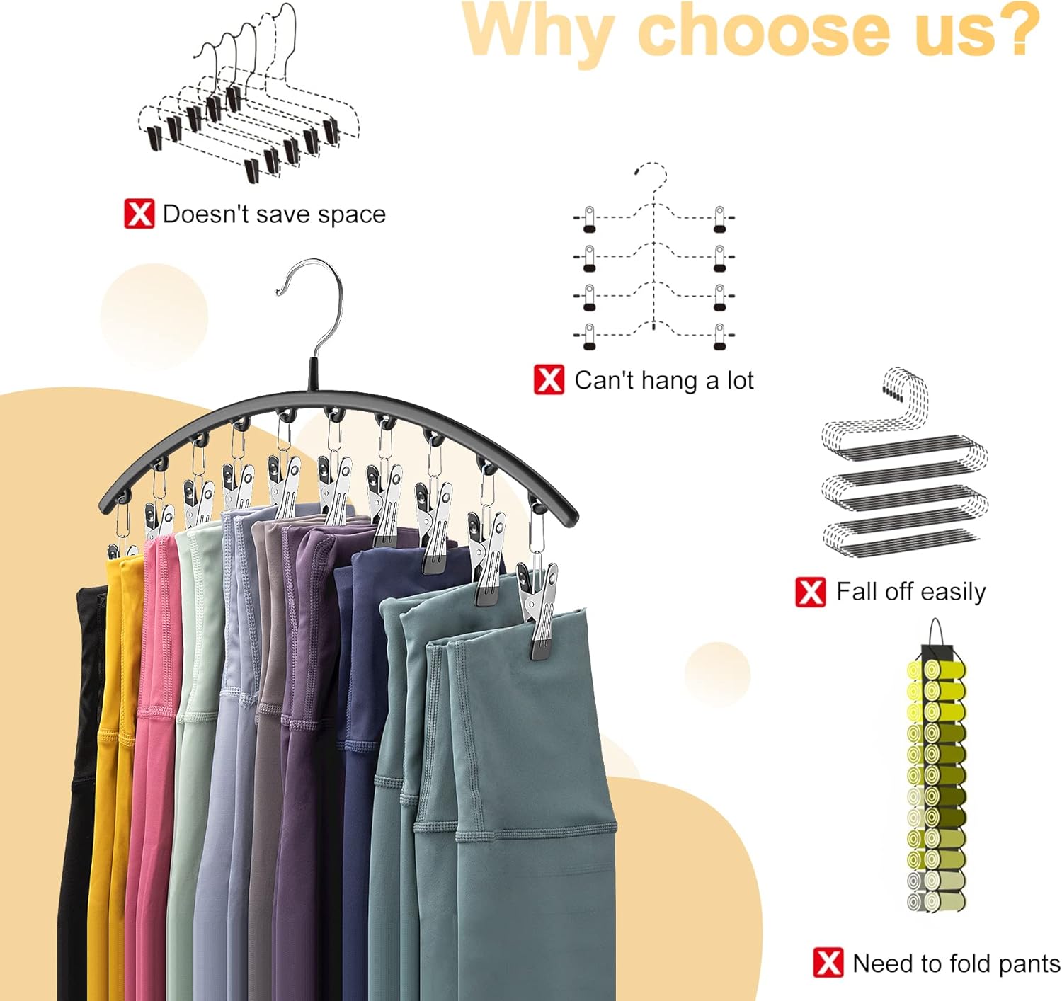 Volnamal Organizador de leggings para armario, perchas de metal para pantalones de yoga, 1 paquete con 10 clips con capacidad para 10 leggings,