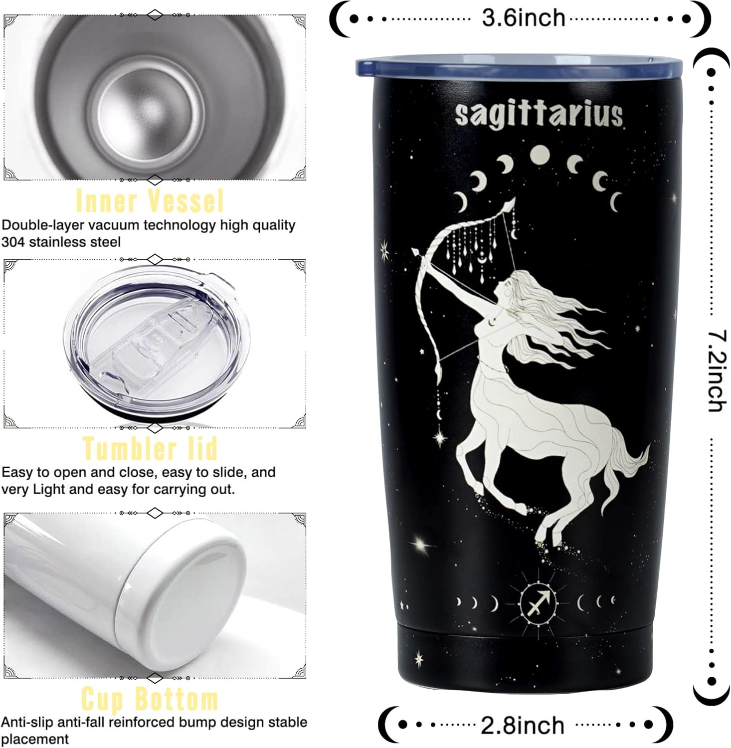 Vaso del zodiaco de Sagitario, regalo perfecto de astrología para mujeres y hombres, taza de viaje aislada de acero inoxidable de 20 onzas con tapa