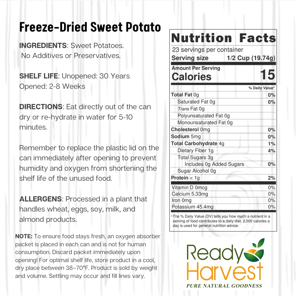 Ready Harvest Patatas dulces liofilizadas  Esenciales imprescindibles para campistas  Artículos de preparación para huracanes como alimento de