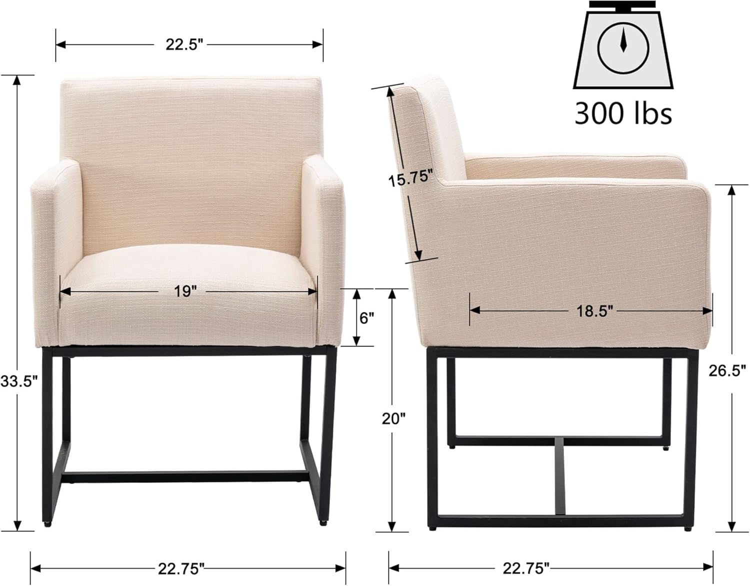 VESCASA Juego de 2 sillas de comedor tapizadas de lino con brazos, modernas sillas de cocina acolchadas de mediados de siglo con marco de metal