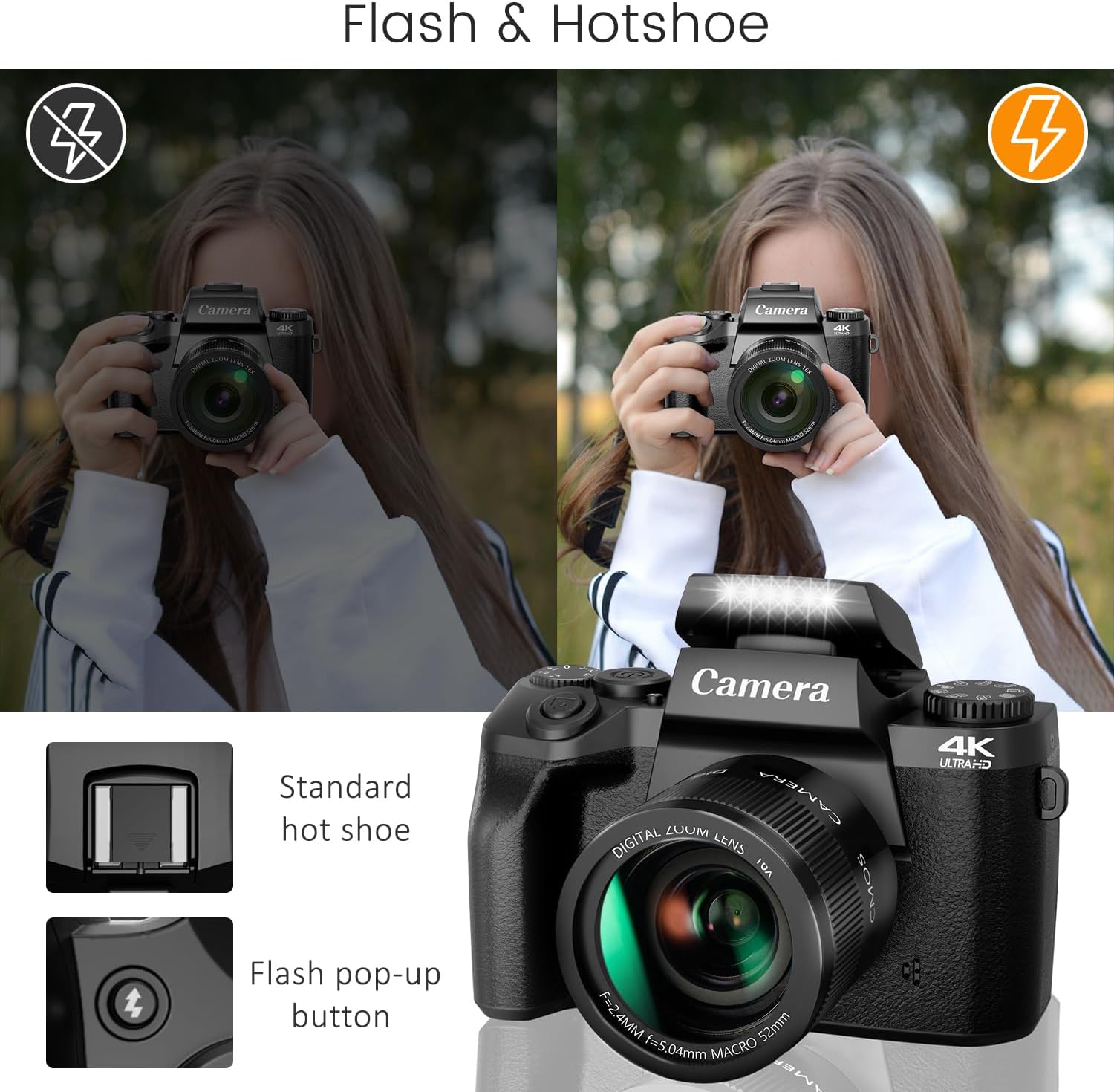 Saneen Cámara digital, cámaras 4K para fotografía y video, cámara de vlogging con pantalla táctil WiFi de 64 MP para YouTube con Flash, tarjeta SD